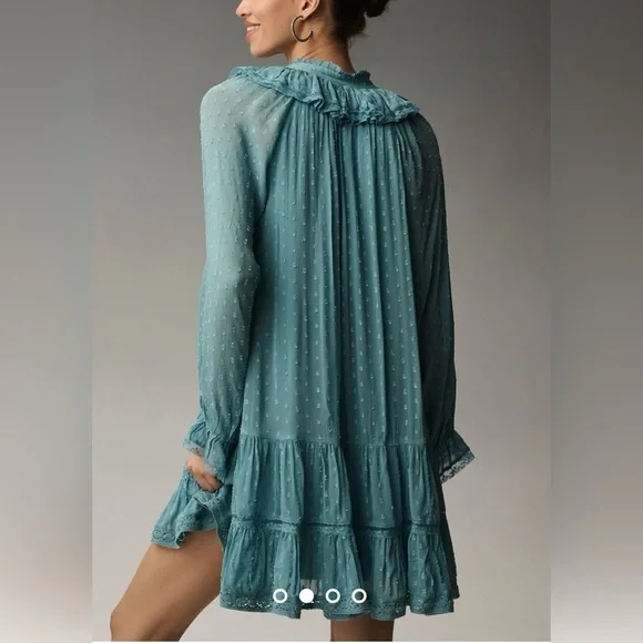 NWT Size XS - By Anthropologie Long-Sleeve V-Neck Ruffled Tunic Dress Turquoise - Picture 5 of 16